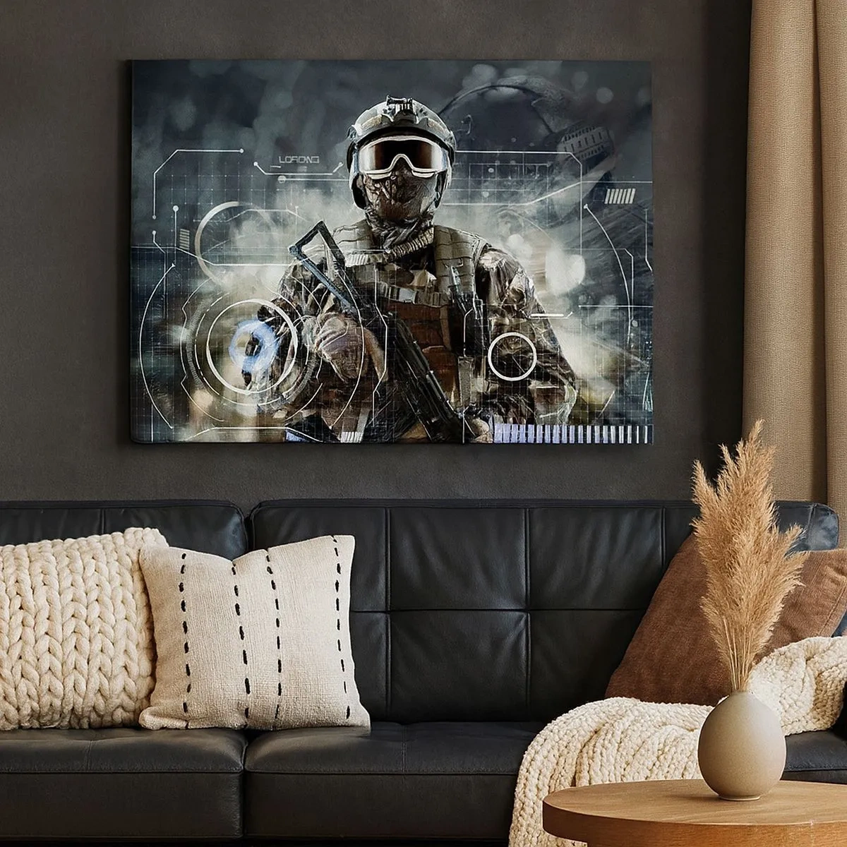 Canvastavla - Bild på duk - En soldat i en futuristisk hjälm med ett vapen i bakgrunden av teknologi. - 70x50cm - Makt - Modern väggdekoration för vardagsrum och sovrum ARTTOR