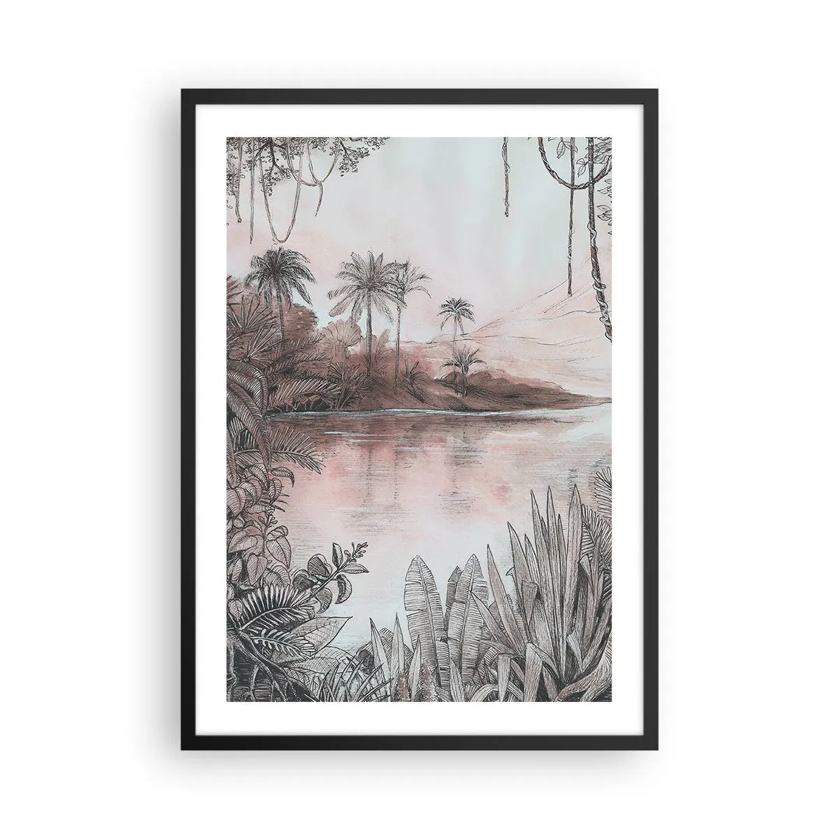 Affisch i svart ram - Exotiskt landskap vid vattnet - 50x70cm - En upptäcktsresandes dagbok från 1800-talet - Modern väggdekoration för vardagsrum och sovrum ARTTOR