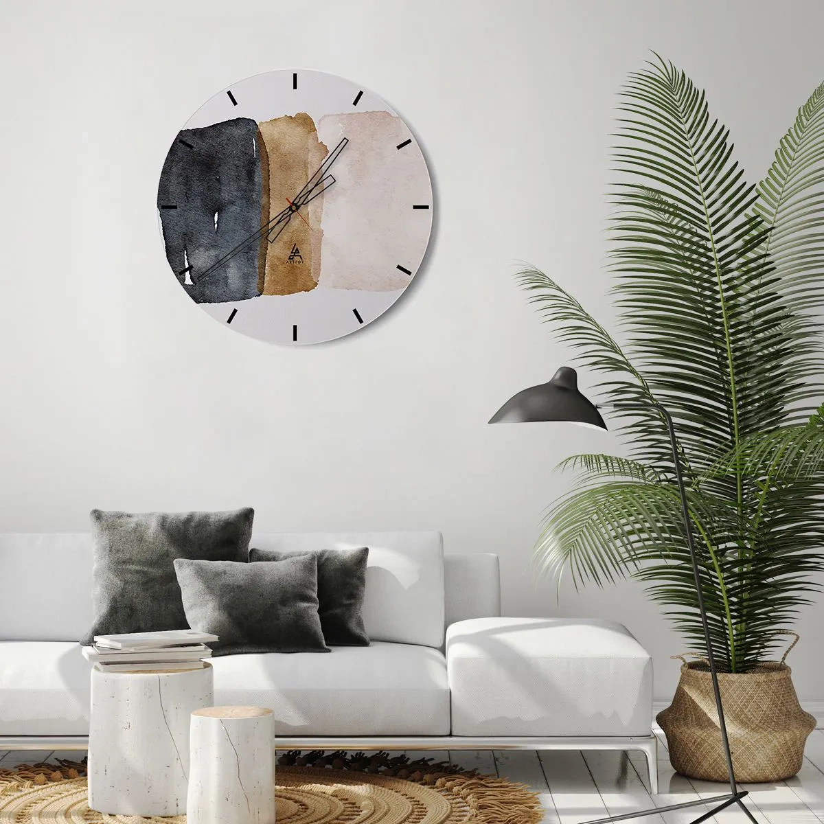 Väggklocka - Klocka på glas - Tre akvarellränder i nyanser av svart, brunt och beige - 30x30cm - Komposition av jordens färger - Modern väggdekoration för vardagsrum, kök och sovrum ARTTOR