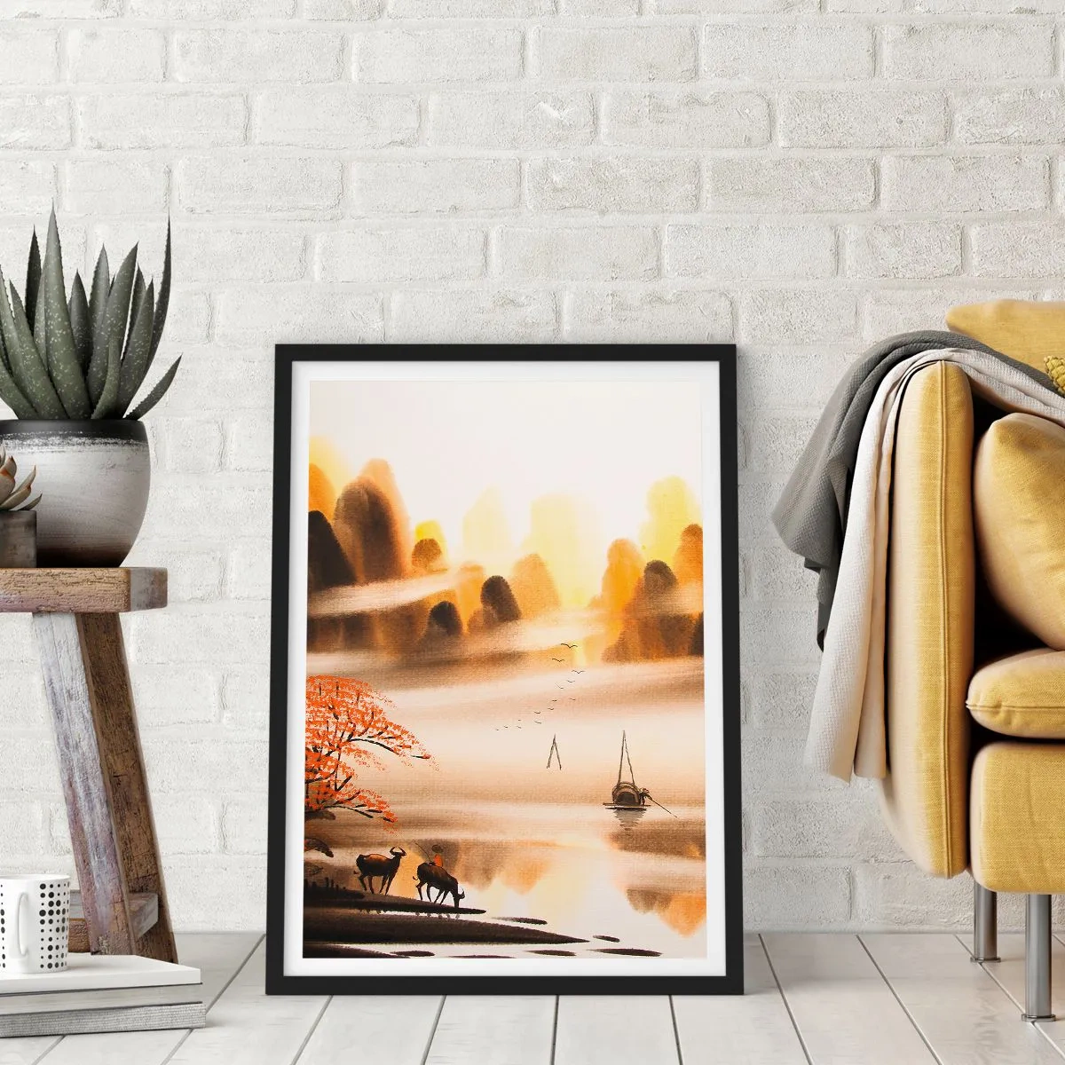 Affisch i svart ram - Orientaliskt bergslandskap i dimman med en båt och djur - 50x70cm - Längre bort än Fjärran Östern - Modern väggdekoration för vardagsrum och sovrum ARTTOR