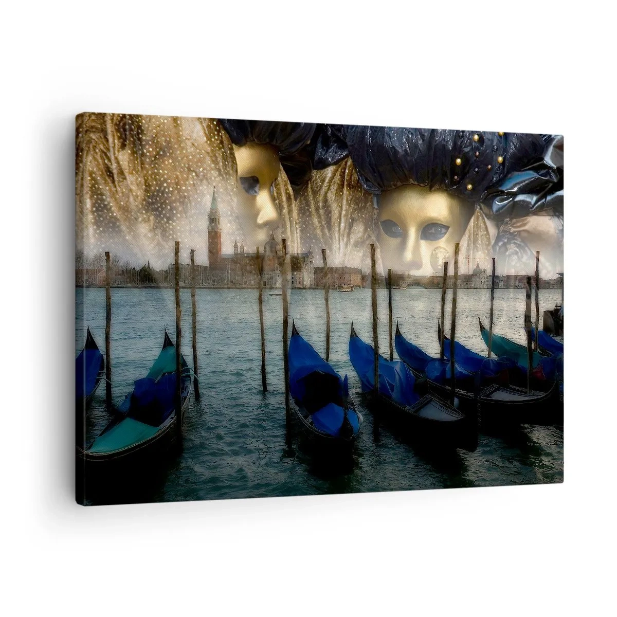Canvastavla - Bild på duk - Venetianska karnevalsmasker och gondoler mot bakgrund av staden och vattnet - 70x50cm - På tiden att starta karnevalen - Modern väggdekoration för vardagsrum och sovrum ARTTOR