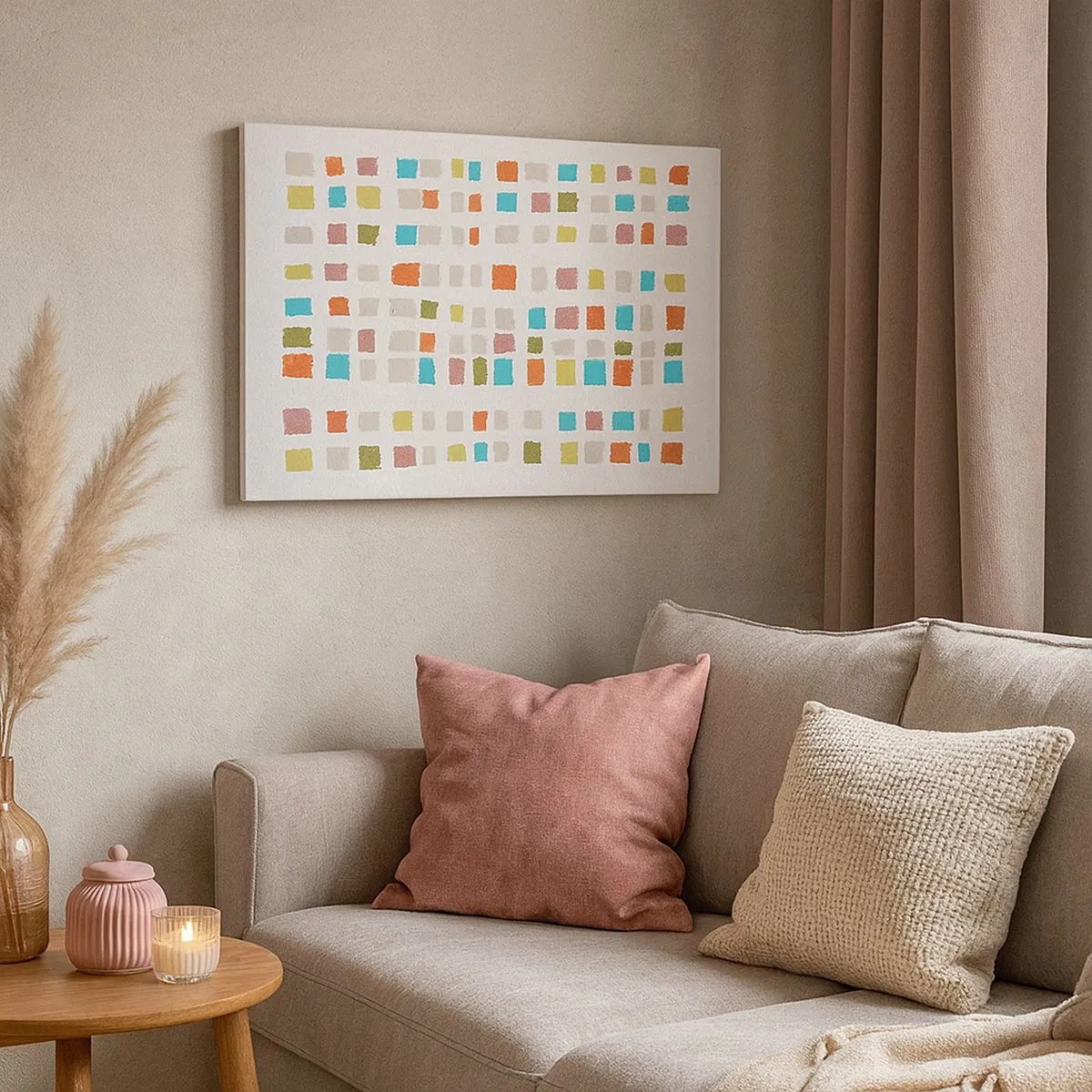 Canvastavla - Bild på duk - Färgglada rutor i ett minimalistiskt arrangemang på en vit bakgrund - 70x50cm - Ett okänt spel - Modern väggdekoration för vardagsrum och sovrum ARTTOR