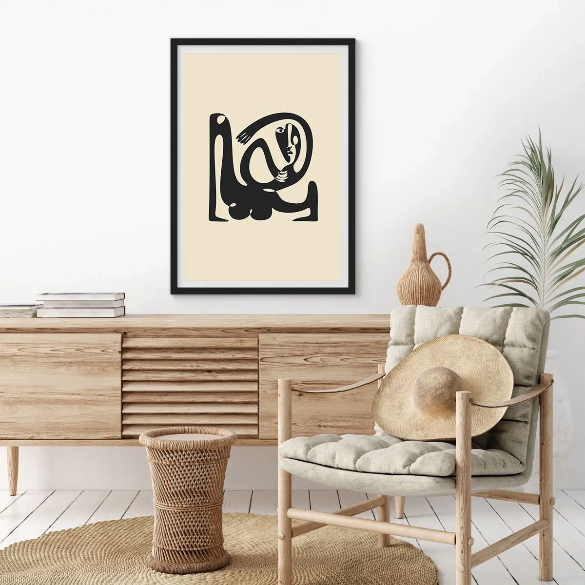 Affisch i svart ram - Abstrakt figur på en beige bakgrund med svarta linjer - 50x70cm - Nästan Picasso - Modern väggdekoration för vardagsrum och sovrum ARTTOR