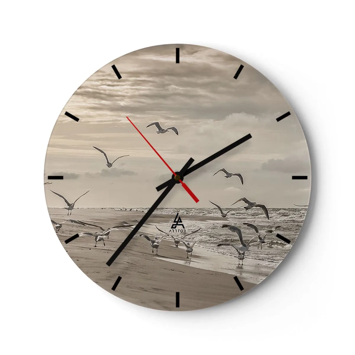 Väggklocka - Klocka på glas - Måsar som svävar över stranden på morgonen - 30x30cm - Havets brus, fågelsång - Modern väggdekoration för vardagsrum, kök och sovrum ARTTOR
