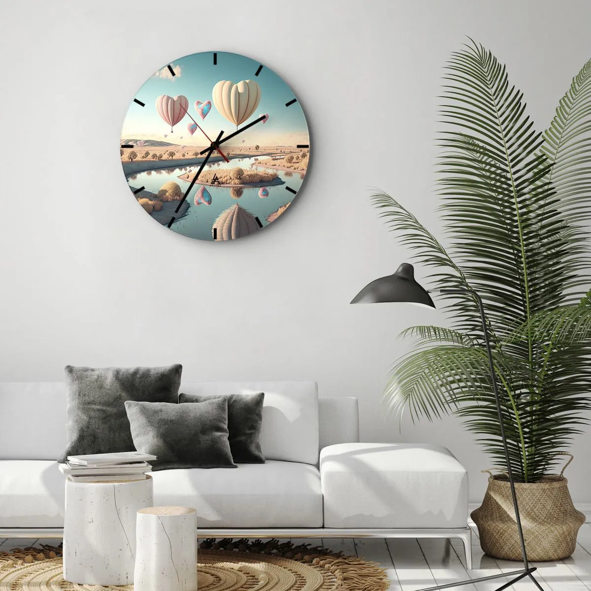 Väggklocka - Klocka på glas - Hjärtformade ballonger som svävar över floden - 30x30cm - Kärleken låter dig sväva - Modern väggdekoration för vardagsrum, kök och sovrum ARTTOR
