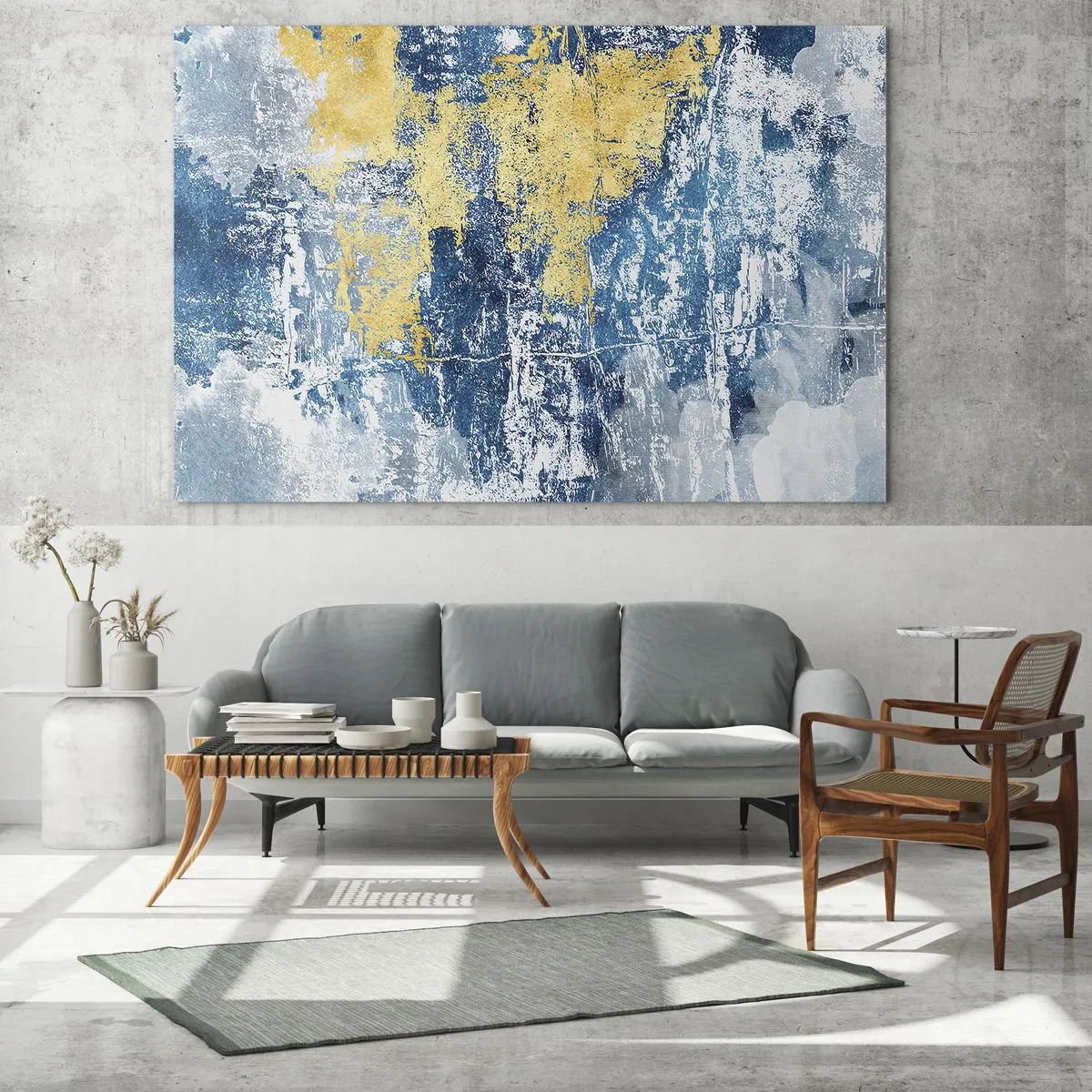 Glastavla - Bild på glas - Blå och gul abstraktion med en sliten och texturerad effekt - 70x50cm - En väderfylld abstraktion - Modern väggdekoration för vardagsrum och sovrum ARTTOR