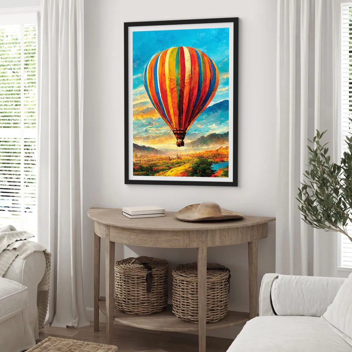 Affisch i svart ram - En färgglad ballong över ett pittoreskt landskap - 50x70cm - I tystnad ser man mer - Modern väggdekoration för vardagsrum och sovrum ARTTOR