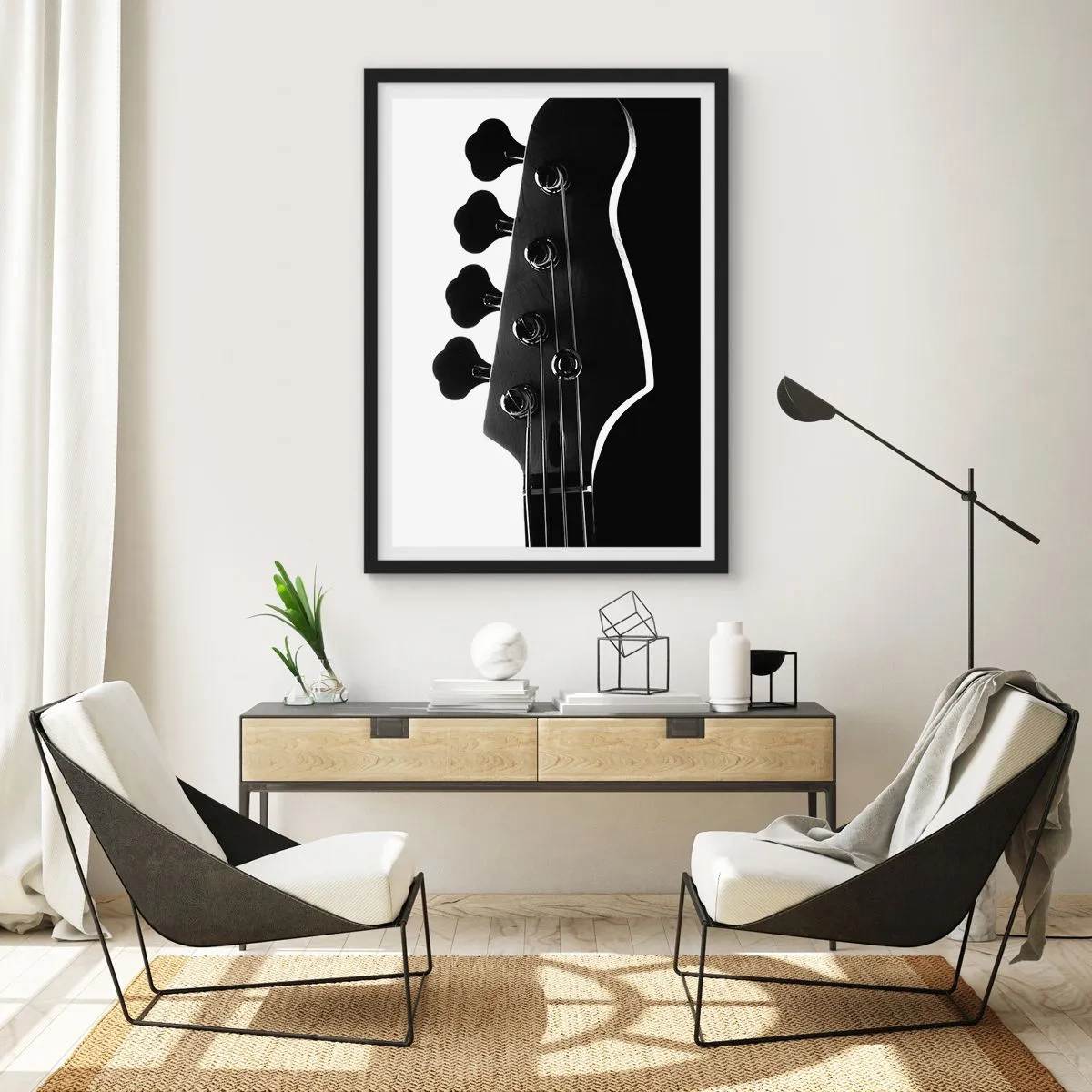 Affisch i svart ram - Ett minimalistiskt svartvitt musiktema med en elgitarr. - 50x70cm - Rocktystnad - Modern väggdekoration för vardagsrum och sovrum ARTTOR