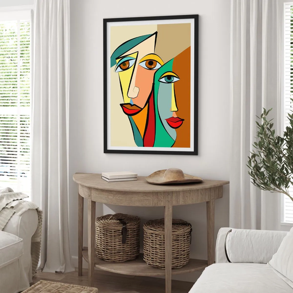 Affisch i svart ram - Abstrakta kubistiska ansikten i varma färger - 50x70cm - Kubistiskt par - Modern väggdekoration för vardagsrum och sovrum ARTTOR