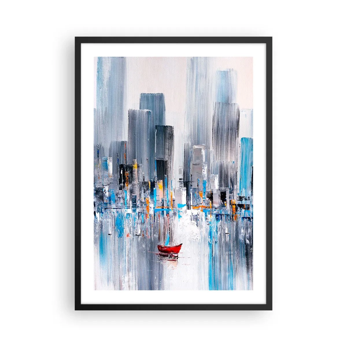 Affisch i svart ram - En abstrakt målning som föreställer en stadssilhuett över vatten med en röd båt. - 50x70cm - Metropolis vid bukten - Modern väggdekoration för vardagsrum och sovrum ARTTOR