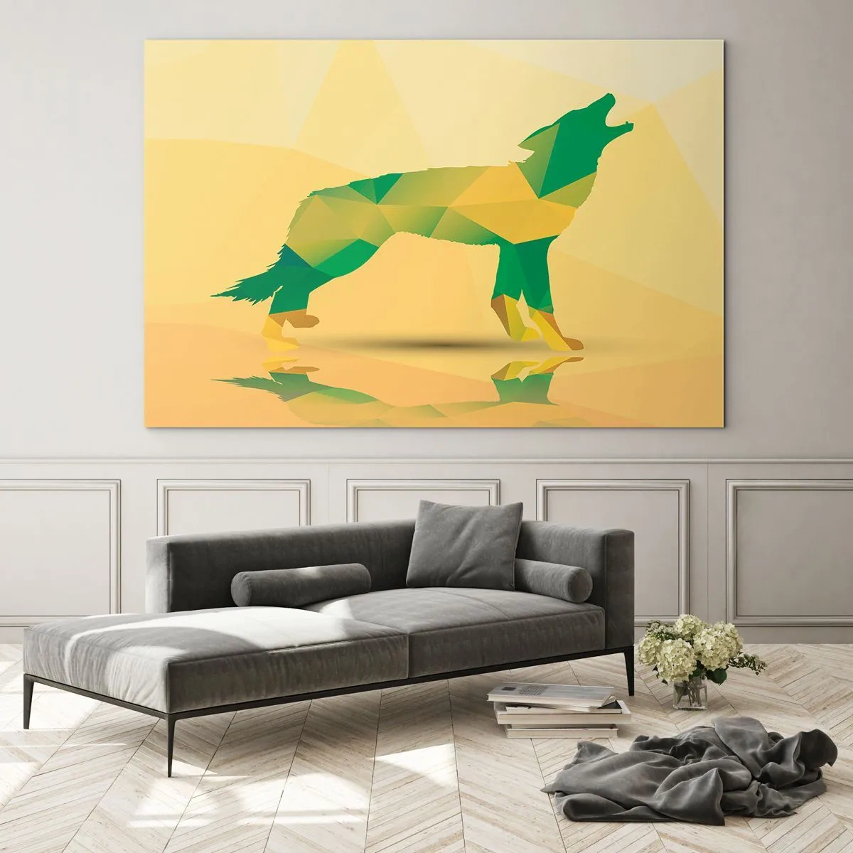 Glastavla - Bild på glas - Geometrisk varg i färgglad abstraktion - 70x50cm - Ensam varg - Modern väggdekoration för vardagsrum och sovrum ARTTOR