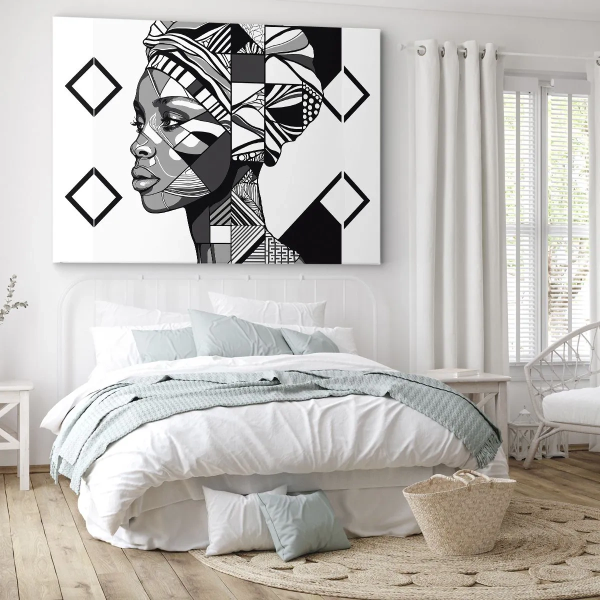 Canvastavla - Bild på duk - Svartvitt porträtt av en kvinna i etnisk stil - 70x50cm - Etniskt porträtt - Modern väggdekoration för vardagsrum och sovrum ARTTOR