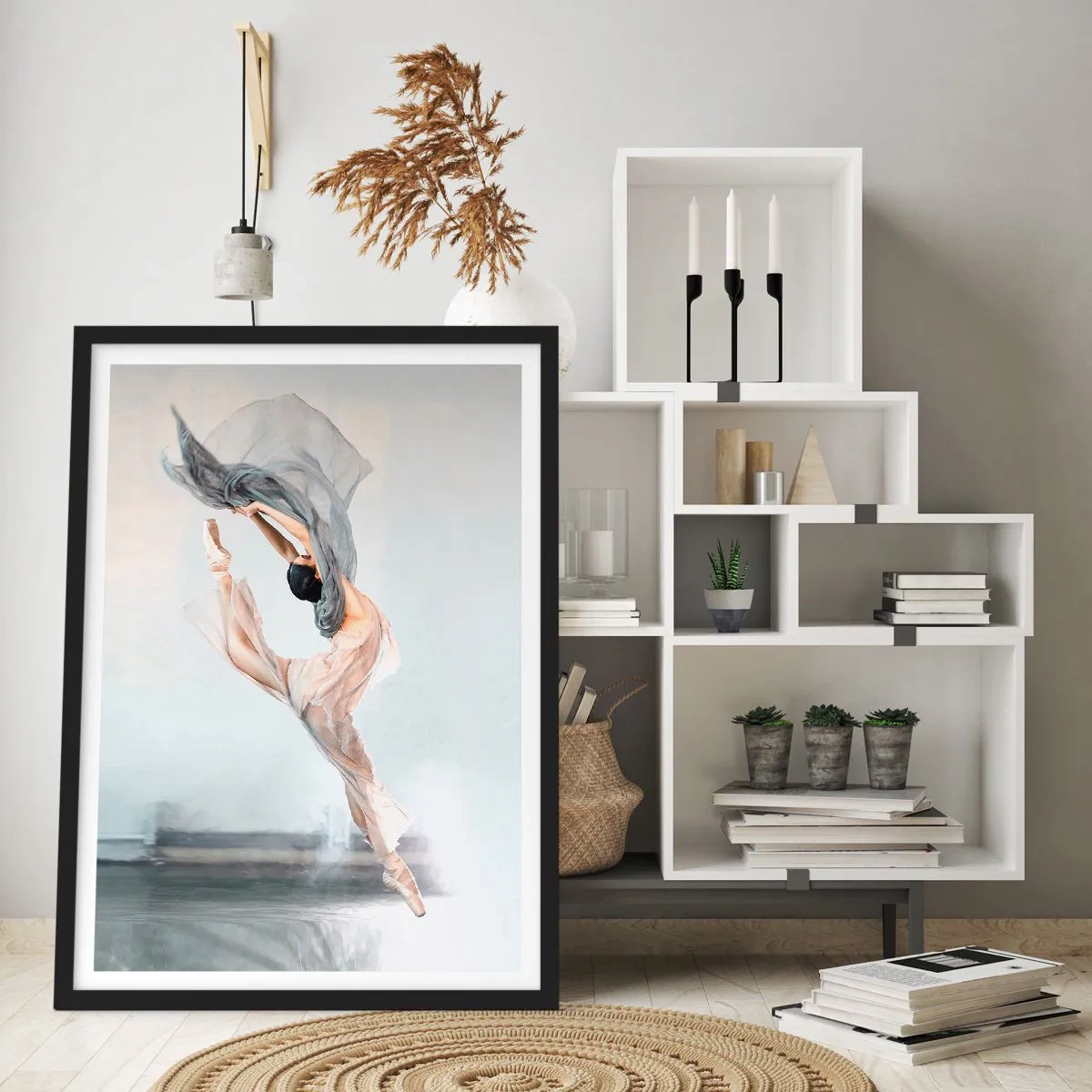 Affisch i svart ram - En ballerina som dansar med en delikat sjal mot en ljus bakgrund - 50x70cm - Dansextas - Modern väggdekoration för vardagsrum och sovrum ARTTOR