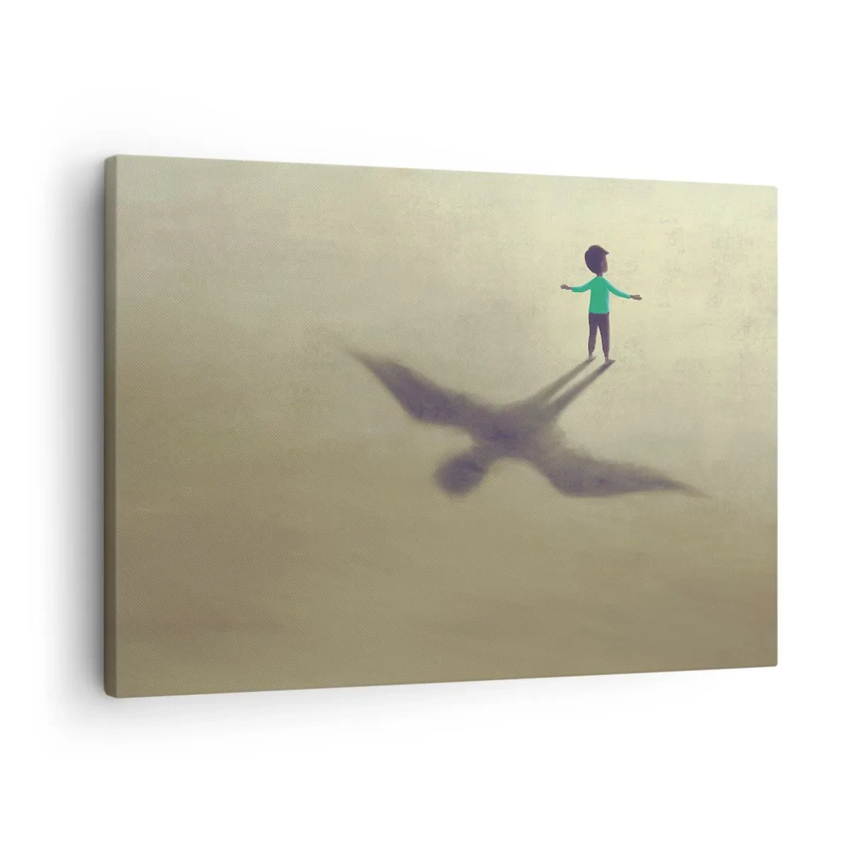 Canvastavla - Bild på duk - En symbolisk figur av ett barn med en fågelskugga mot en bakgrund i varma nyanser. - 70x50cm - Framtidens hjälte - Modern väggdekoration för vardagsrum och sovrum ARTTOR