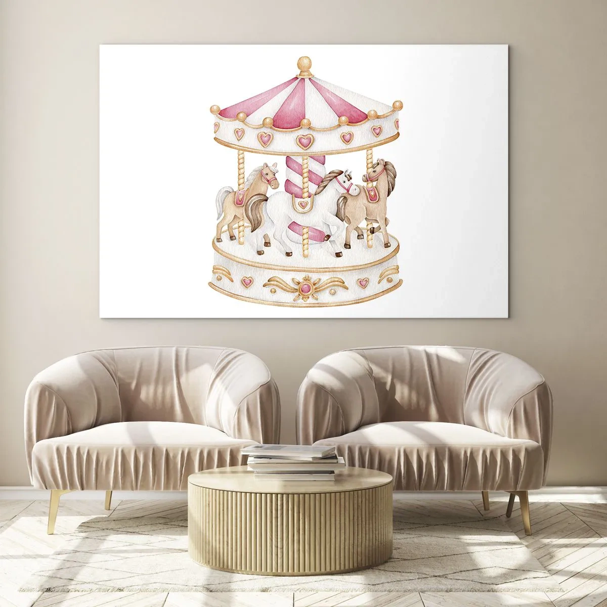 Glastavla - Bild på glas - En rosa karusell med hästar i barnstil på vit bakgrund - 70x50cm - Barndomens ljuva värld - Modern väggdekoration för vardagsrum och sovrum ARTTOR
