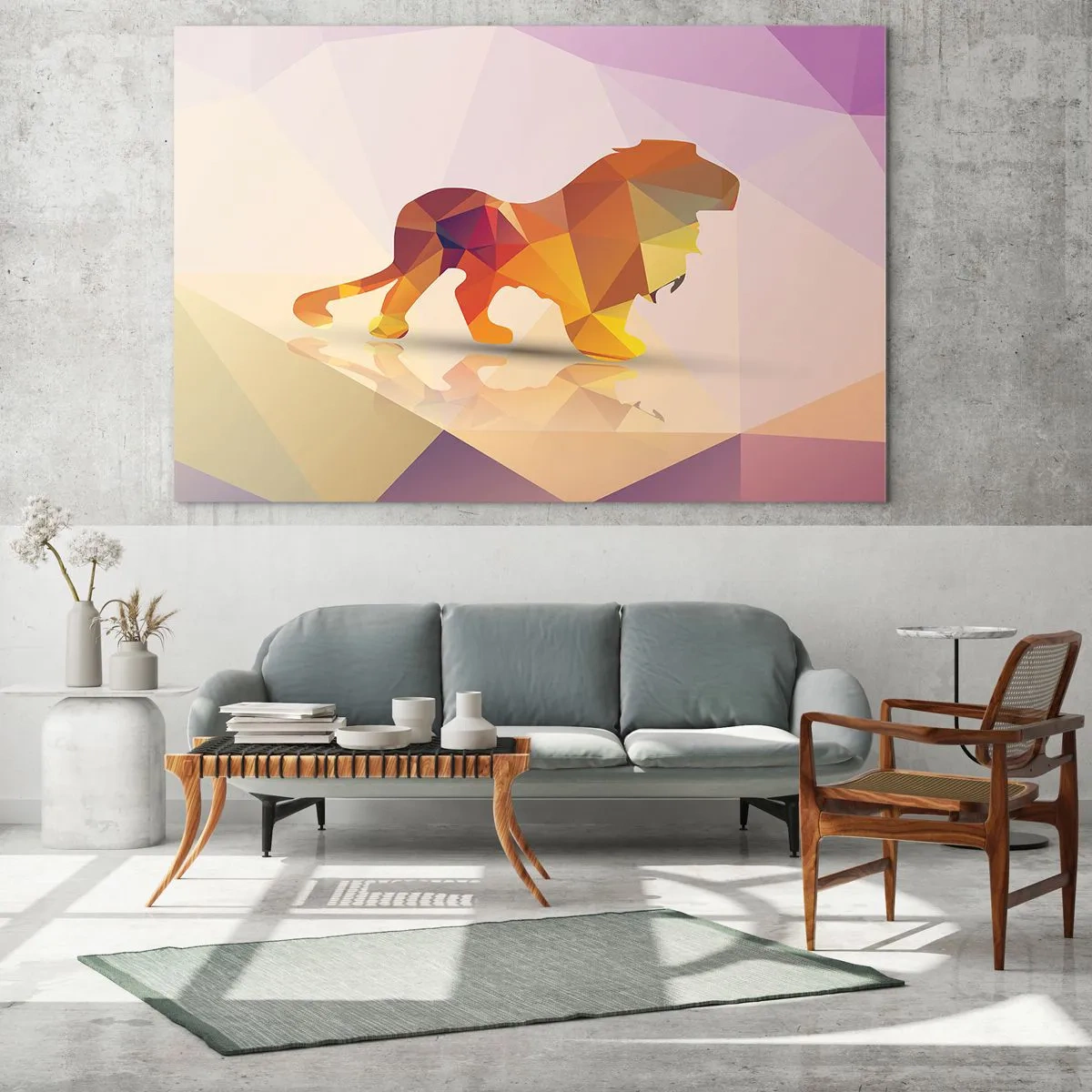 Glastavla - Bild på glas - Geometriskt lejon i färgglad abstraktion - 70x50cm - Diamantkung - Modern väggdekoration för vardagsrum och sovrum ARTTOR