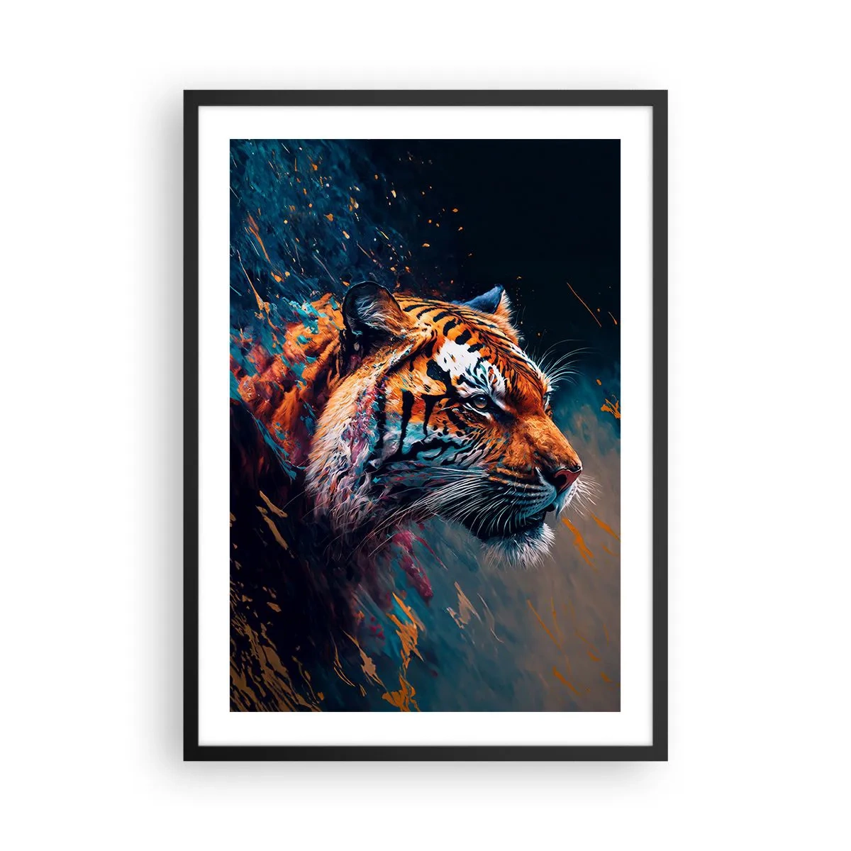 Affisch i svart ram - Ett dynamiskt porträtt av en tiger i konstnärlig stil - 50x70cm - Vild skönhet - Modern väggdekoration för vardagsrum och sovrum ARTTOR