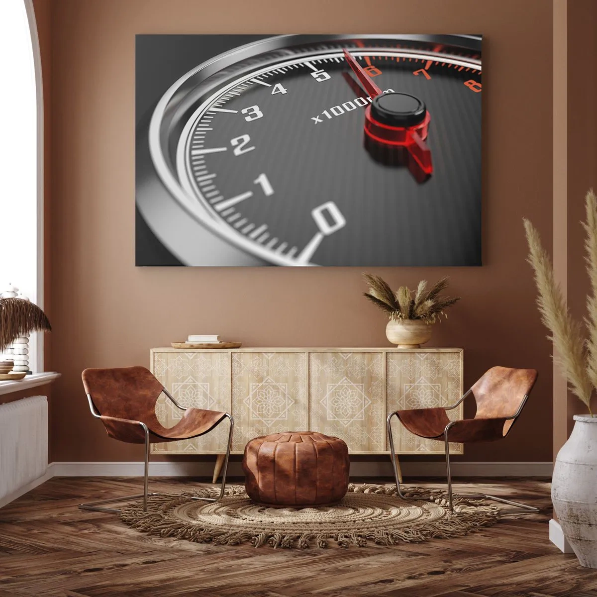 Canvastavla - Bild på duk - Närbild av varvräknaren med den röda visaren - 70x50cm - Gasen i golvet - Modern väggdekoration för vardagsrum och sovrum ARTTOR