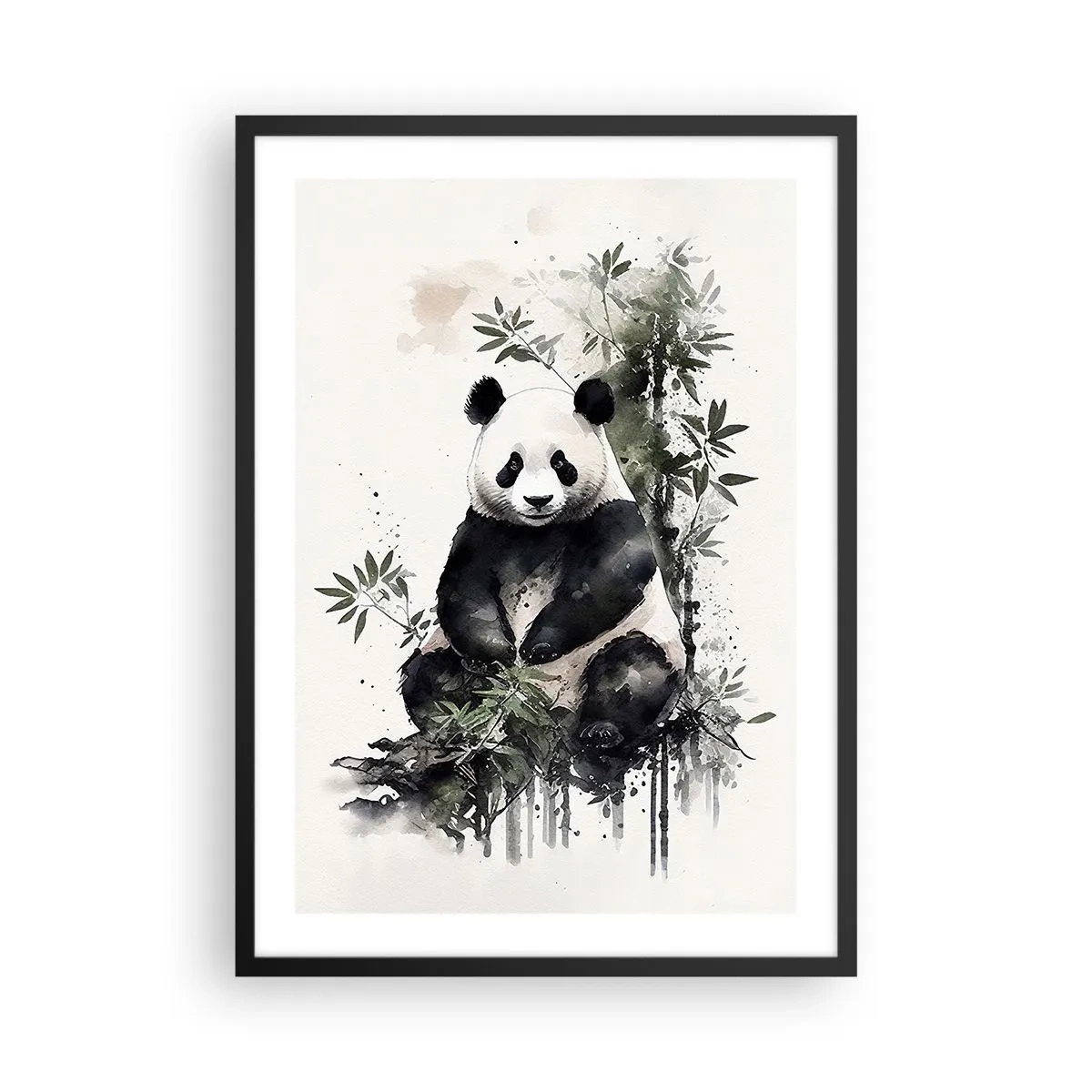 Affisch i svart ram - Akvarellpanda omgiven av bambublad - 50x70cm - Hälsningar från Kina - Modern väggdekoration för vardagsrum och sovrum ARTTOR