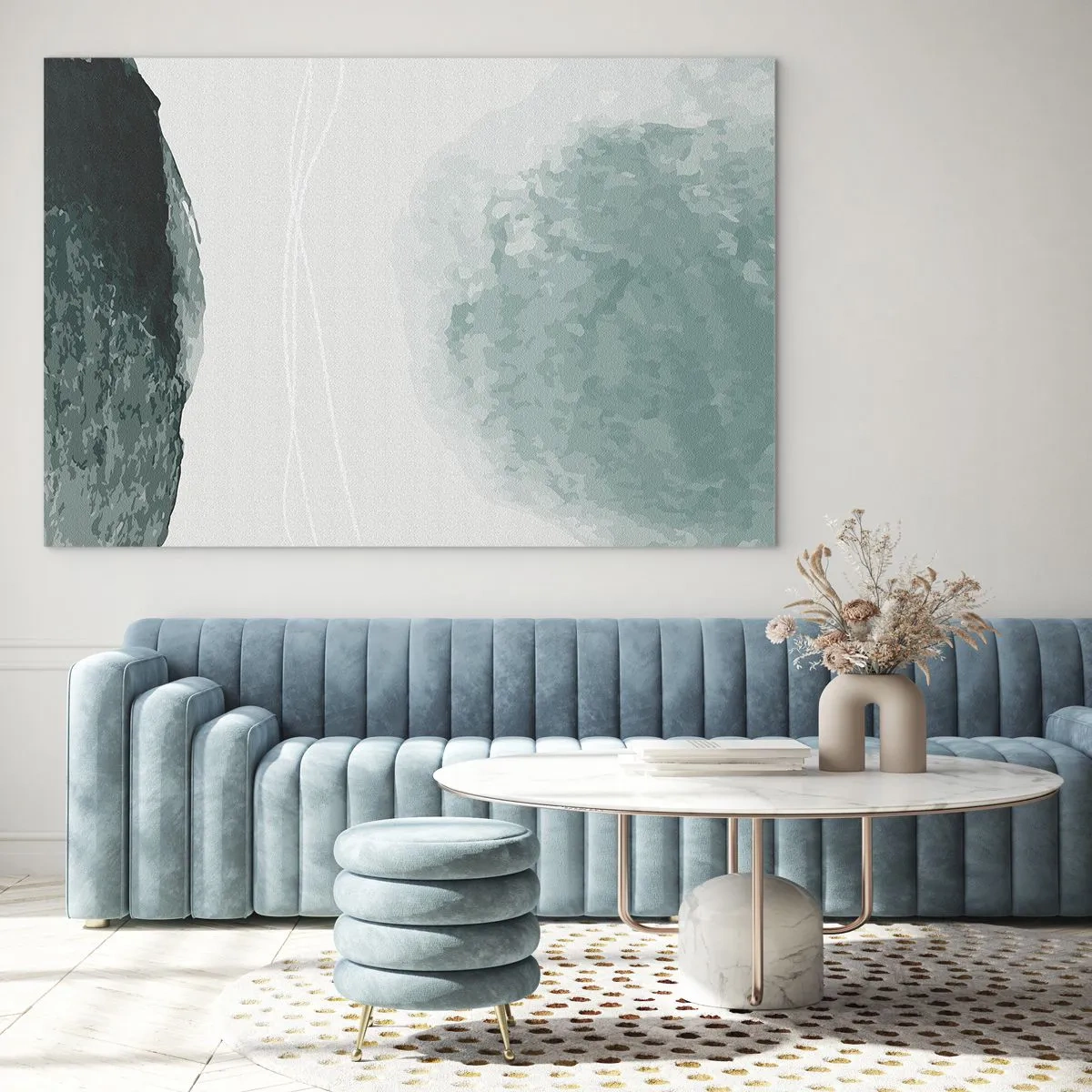 Glastavla - Bild på glas - Gröna abstrakta former på en ljus bakgrund som liknar dimma - 70x50cm - Ett möte med dimma - Modern väggdekoration för vardagsrum och sovrum ARTTOR