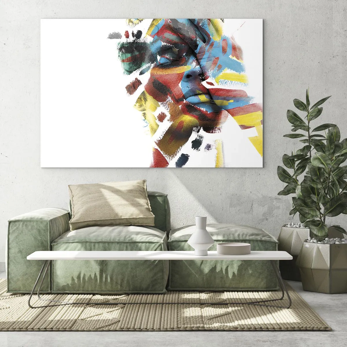 Glastavla - Bild på glas - Porträtt med abstrakta, färgglada accenter i ansiktet - 70x50cm - Färgrik personlighet - Modern väggdekoration för vardagsrum och sovrum ARTTOR