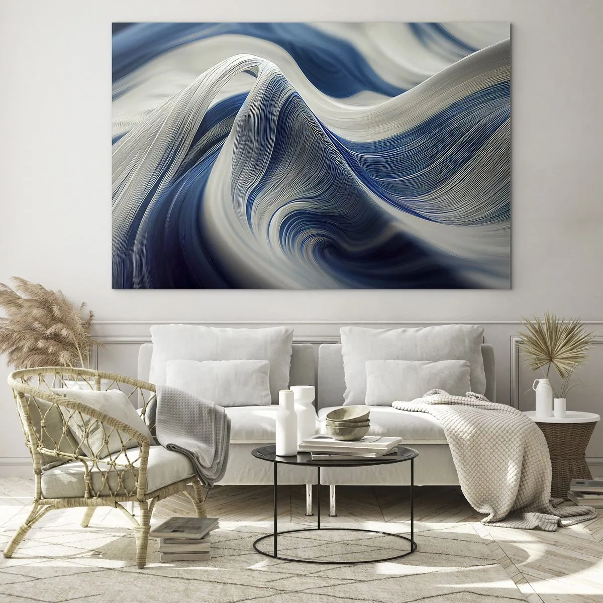 Glastavla - Bild på glas - Dynamisk abstraktion i nyanser av blått och vitt - 70x50cm - Flöde av blått och vitt - Modern väggdekoration för vardagsrum och sovrum ARTTOR