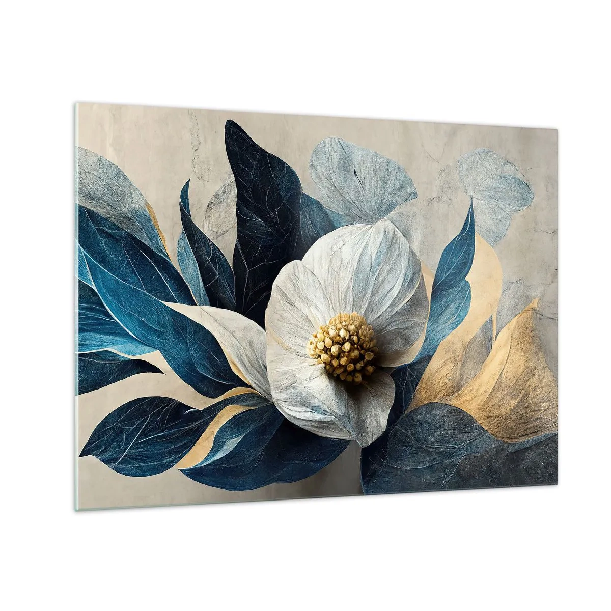 Glastavla - Bild på glas - Ett vitt blomsterarrangemang med marinblå blad och en guldfärgad mitt - 70x50cm - Har ett hjärta av guld - Modern väggdekoration för vardagsrum och sovrum ARTTOR