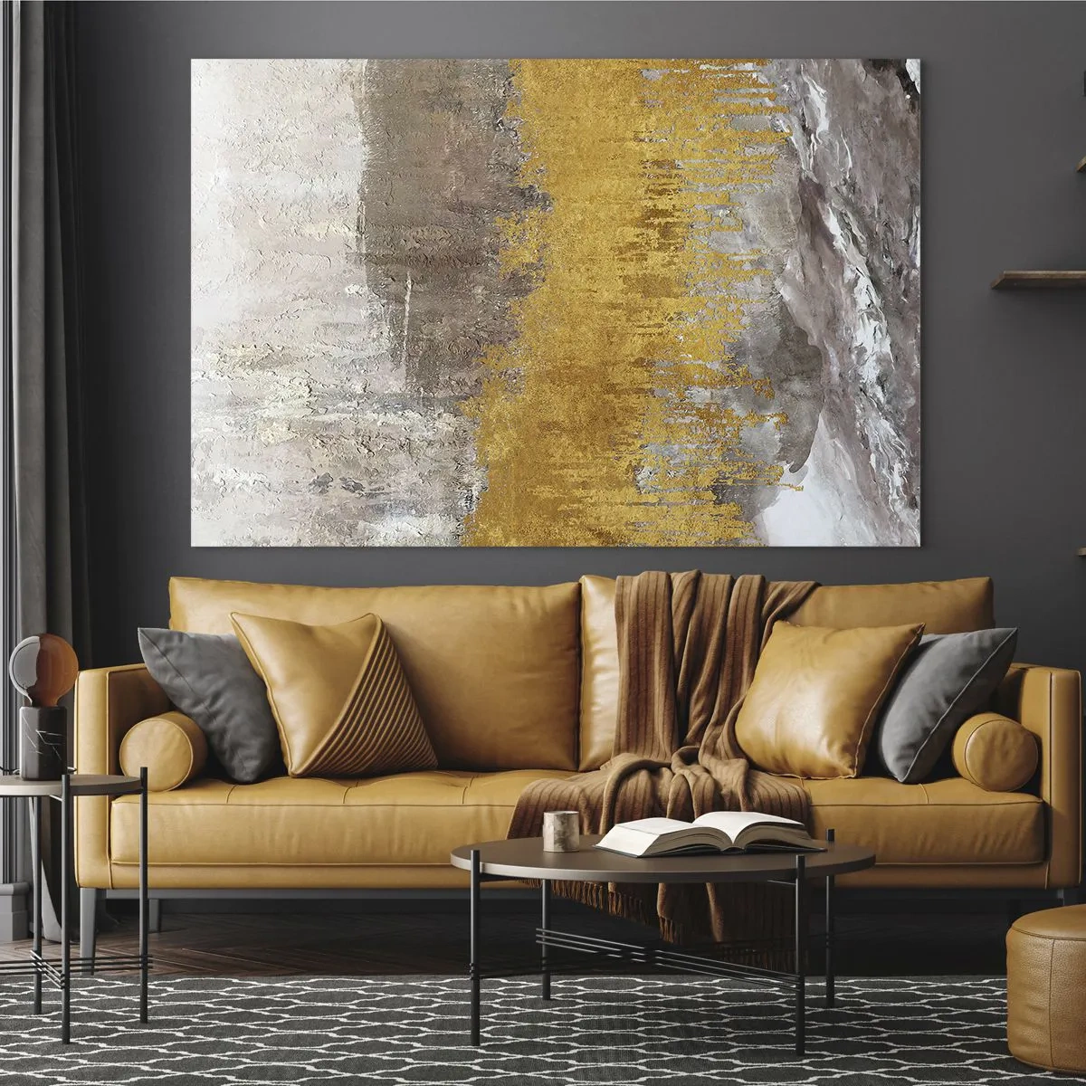 Glastavla - Bild på glas - Gyllene och jordnära strukturer skapar dynamisk abstraktion - 70x50cm - En gyllene explosion - Modern väggdekoration för vardagsrum och sovrum ARTTOR