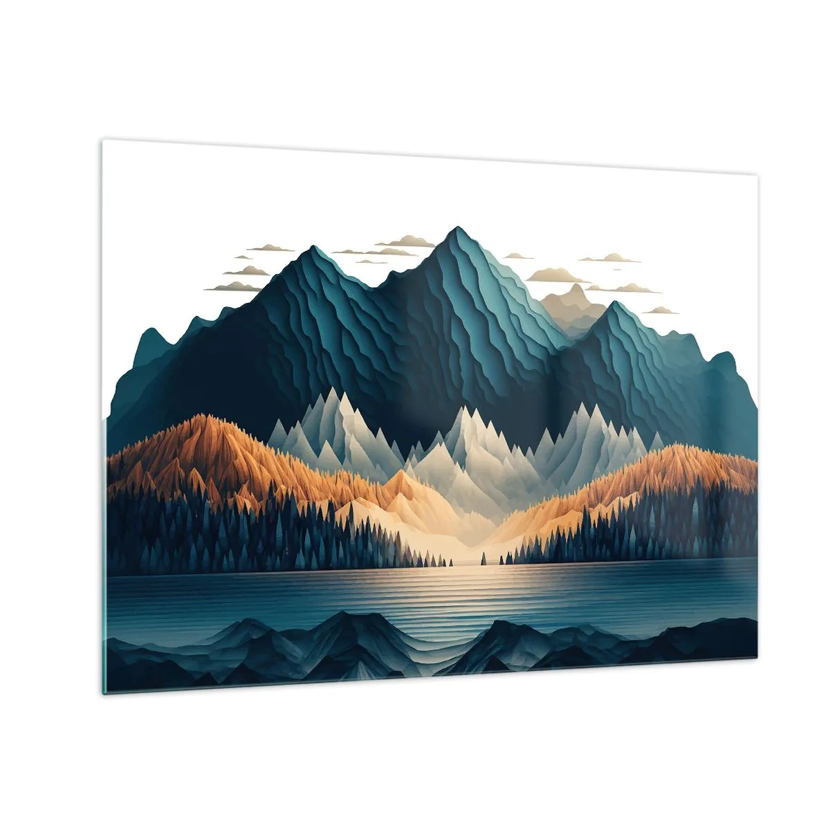 Glastavla - Bild på glas - Stiliserat bergslandskap med en skog och en sjö - 70x50cm - Perfekt bergslandskap - Modern väggdekoration för vardagsrum och sovrum ARTTOR