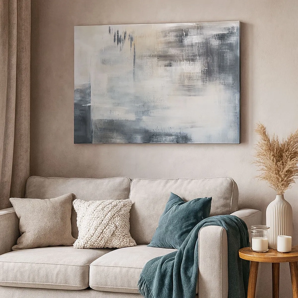 Canvastavla - Bild på duk - Abstrakt komposition i nyanser av blått och grått - 70x50cm - Bakom en blå slöja - Modern väggdekoration för vardagsrum och sovrum ARTTOR