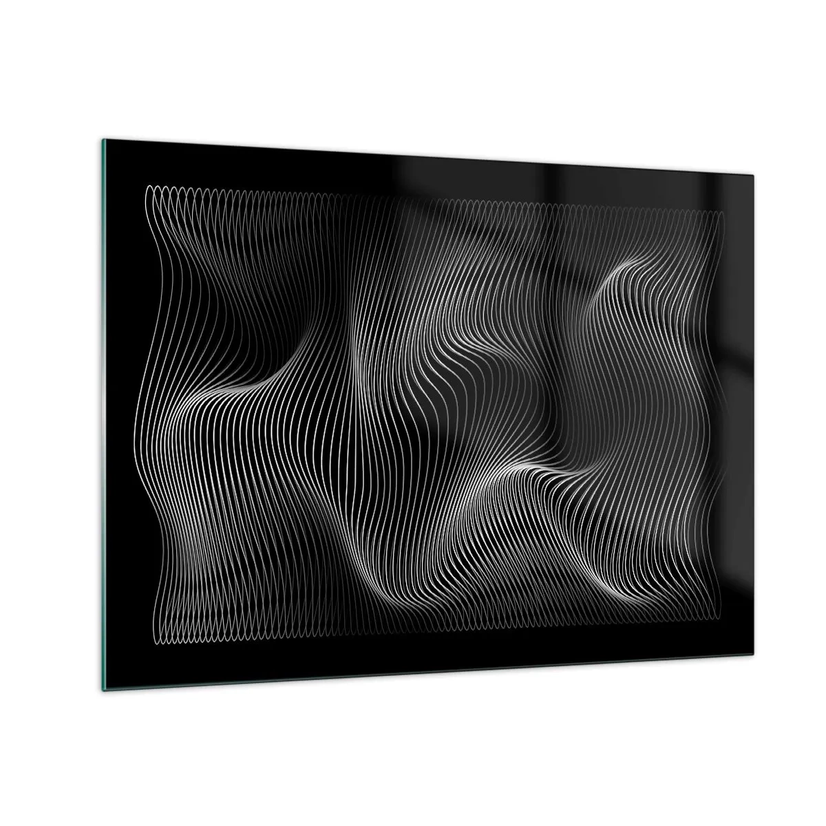 Glastavla - Bild på glas - Hypnotiserande vita linjer som böljar mot en svart bakgrund - 70x50cm - Ljusets dans i rymden - Modern väggdekoration för vardagsrum och sovrum ARTTOR