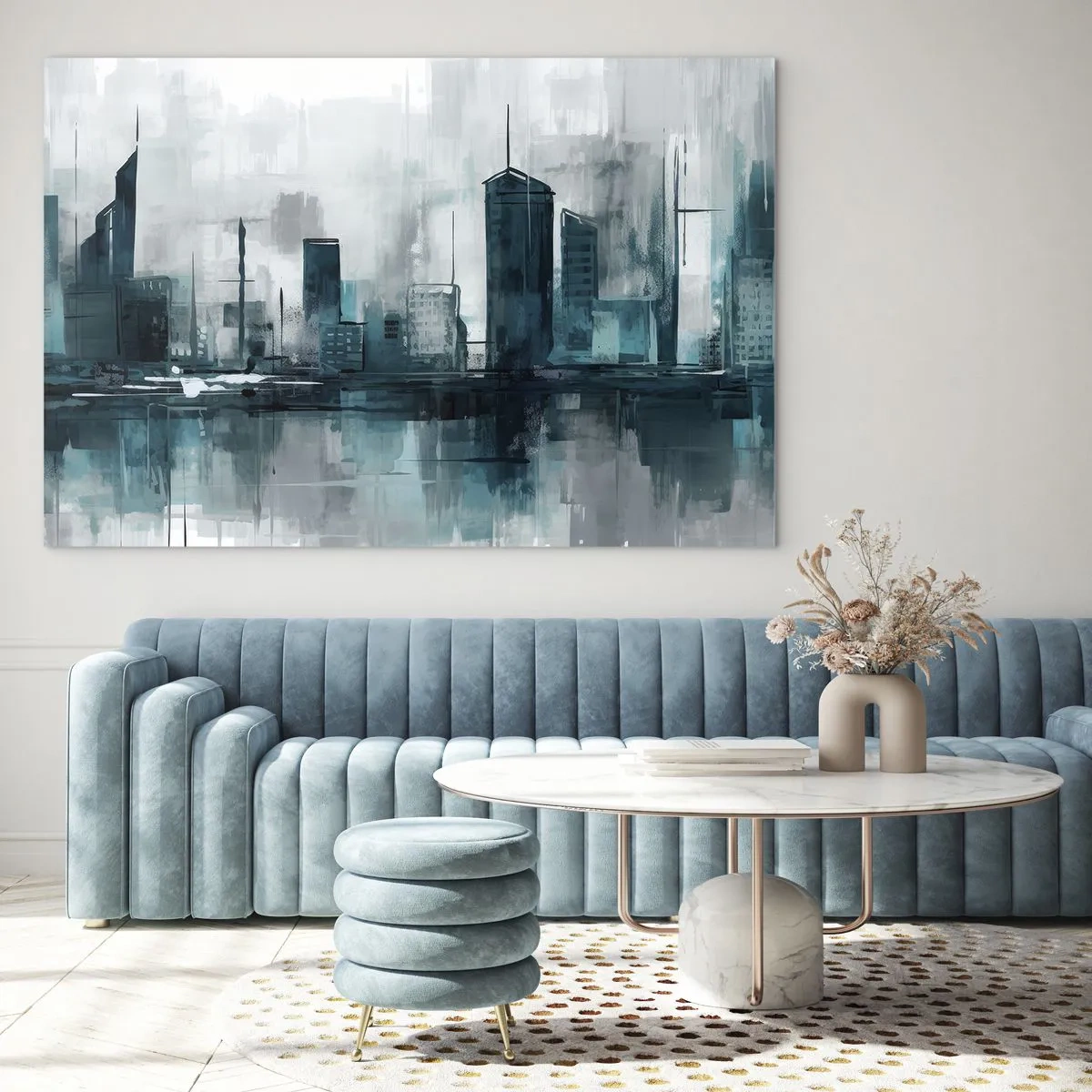 Glastavla - Bild på glas - En modern stad i nyanser av blått och grått - 70x50cm - Regnfärgad stad - Modern väggdekoration för vardagsrum och sovrum ARTTOR