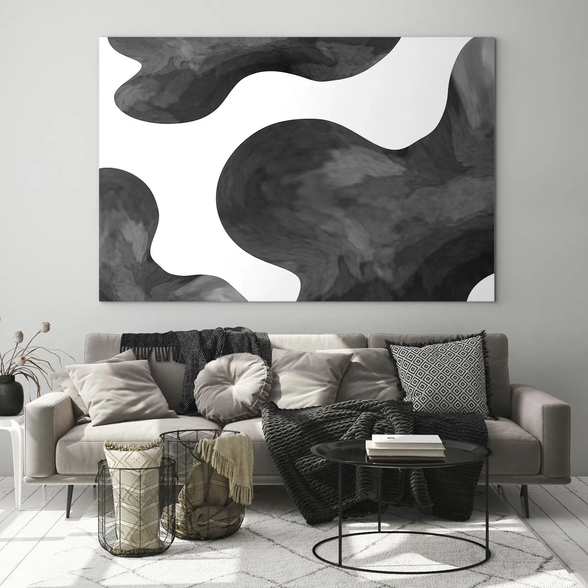 Glastavla - Bild på glas - Abstrakta former i svarta och vita toner - 70x50cm - Mjölkvägen - Modern väggdekoration för vardagsrum och sovrum ARTTOR