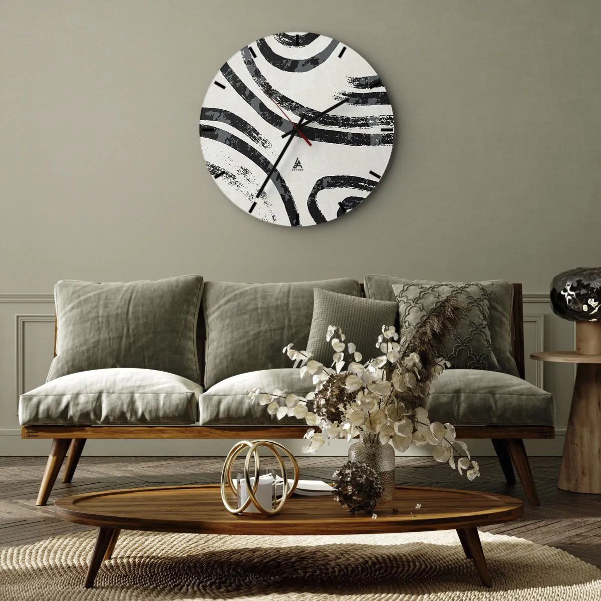 Väggklocka - Klocka på glas - Svarta och grå bågar på en ljus bakgrund i minimalistisk stil - 30x30cm - Halvstoppad - Modern väggdekoration för vardagsrum, kök och sovrum ARTTOR