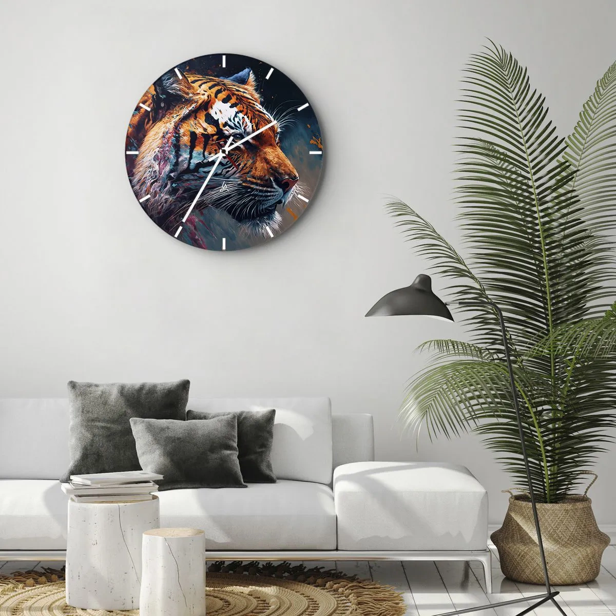 Väggklocka - Klocka på glas - Porträtt av en tiger i intensiva färger med måleriska accenter - 30x30cm - Vild skönhet - Modern väggdekoration för vardagsrum, kök och sovrum ARTTOR