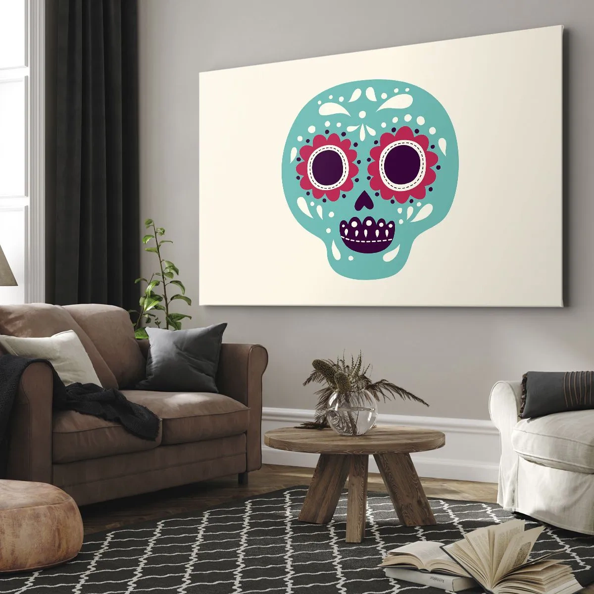 Canvastavla - Bild på duk - En turkos och lila sockerskalle inspirerad av mexikansk kultur - 70x50cm - Livet - nöje till döden - Modern väggdekoration för vardagsrum och sovrum ARTTOR