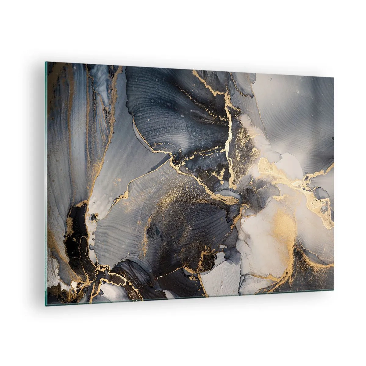 Glastavla - Bild på glas - Mörk abstraktion med marmoreffekt och guldfärgade ådror - 70x50cm - En stens liv - Modern väggdekoration för vardagsrum och sovrum ARTTOR