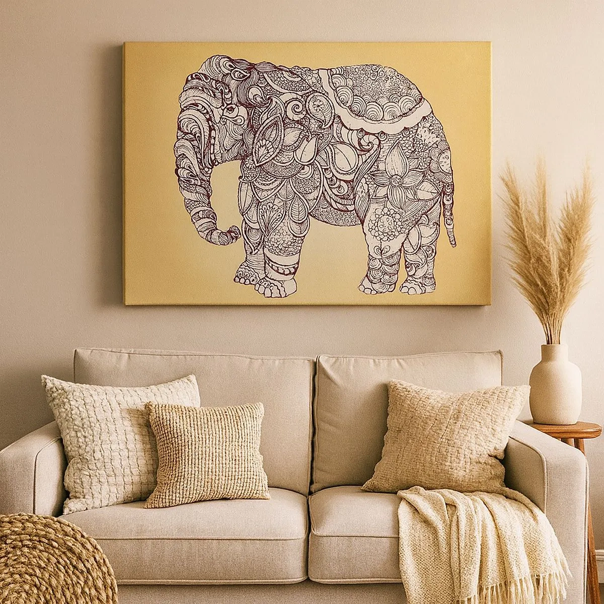 Canvastavla - Bild på duk - Handritad elefant med ett utsmyckat mönster på en beige bakgrund - 70x50cm - maskerad elefant - Modern väggdekoration för vardagsrum och sovrum ARTTOR