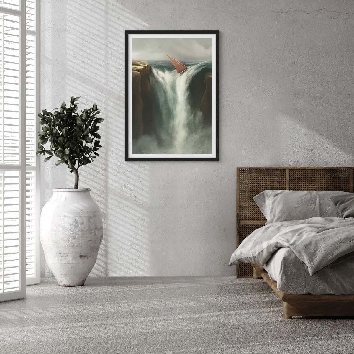 Affisch i svart ram - En segelbåt faller över ett vattenfall i ett surrealistiskt landskap. - 50x70cm - Livets varning - Modern väggdekoration för vardagsrum och sovrum ARTTOR